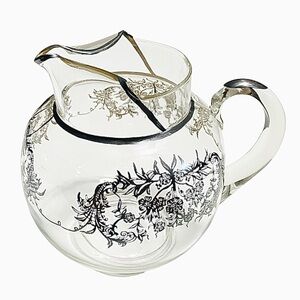 Vintage Sterling Silver Floral Over-lay Ice Lip Glass Jug Pitcher